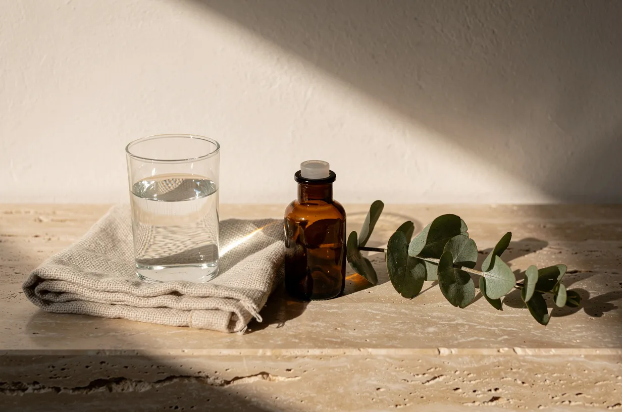 Water, linen and eucalyptus on a stone ledge in afternoon light