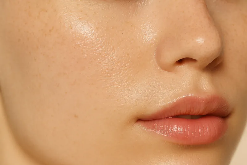 Editorial macro of a cheek in hard raking light, showing atrophic scarring and open pores as surface texture