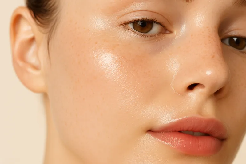 Editorial macro of a cheek and temple in soft window light, showing even, hydrated skin texture and fine pores