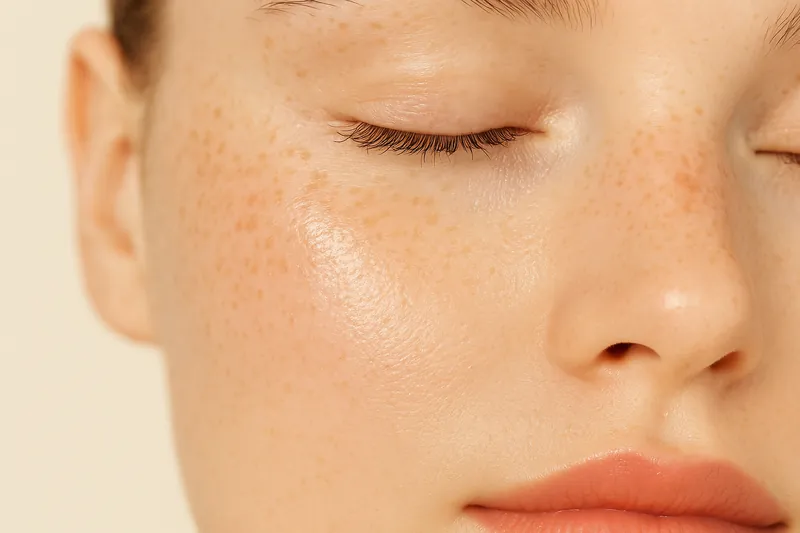 Editorial macro of a cheek and jaw in soft window light, showing hydrated, even skin quality