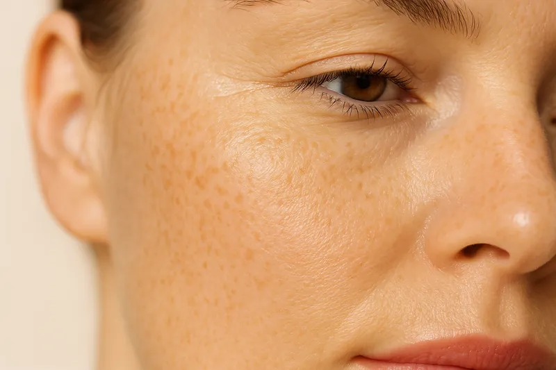 Close editorial study of mature skin in raking light, showing natural texture and fine lines across the cheek and temple
