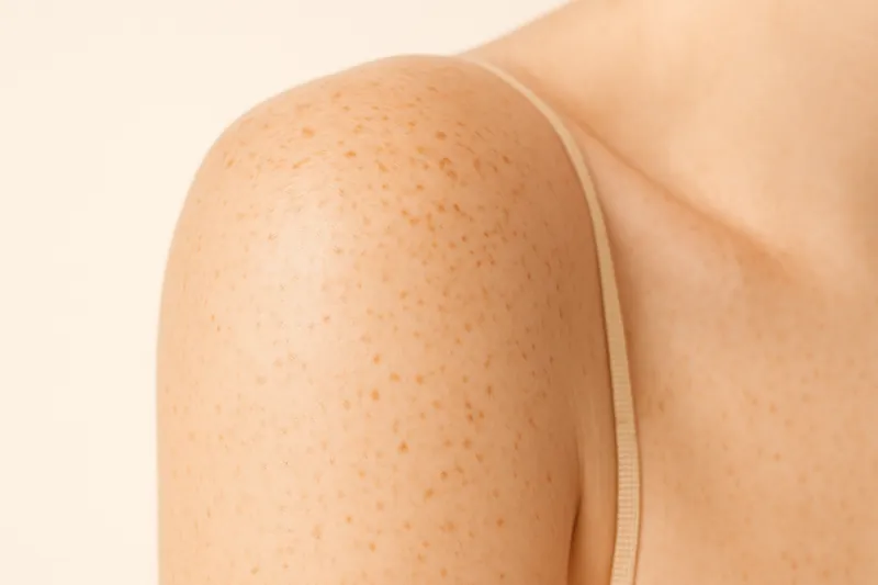 Editorial study of an upper arm and shoulder in raking light, showing fine crepe texture in the skin