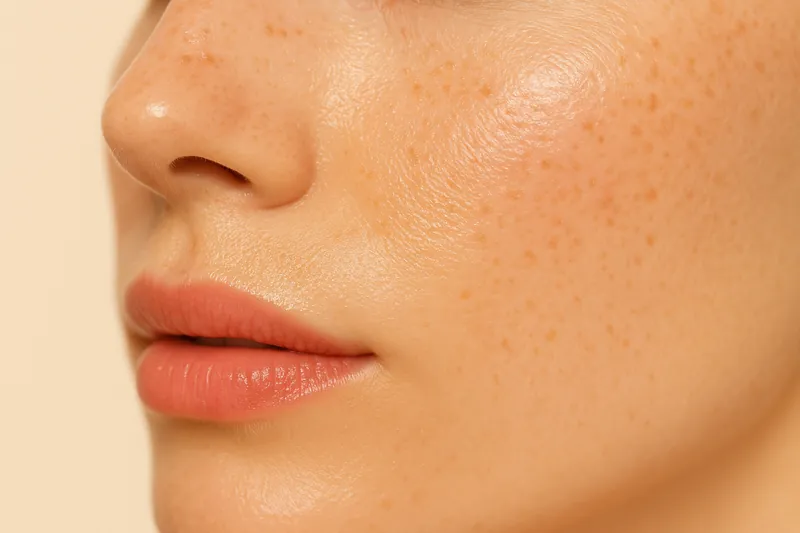 Editorial study from cheekbone to mouth corner in soft light, the fold from the nose to the mouth described as a soft shadow