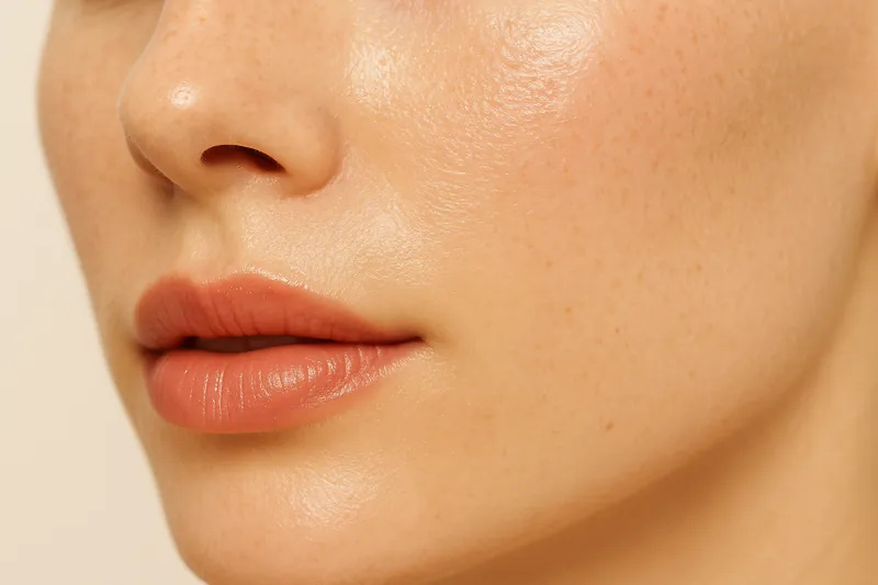 Editorial study of the mouth corners and chin under even light, the lines running down from the mouth corners catching shadow
