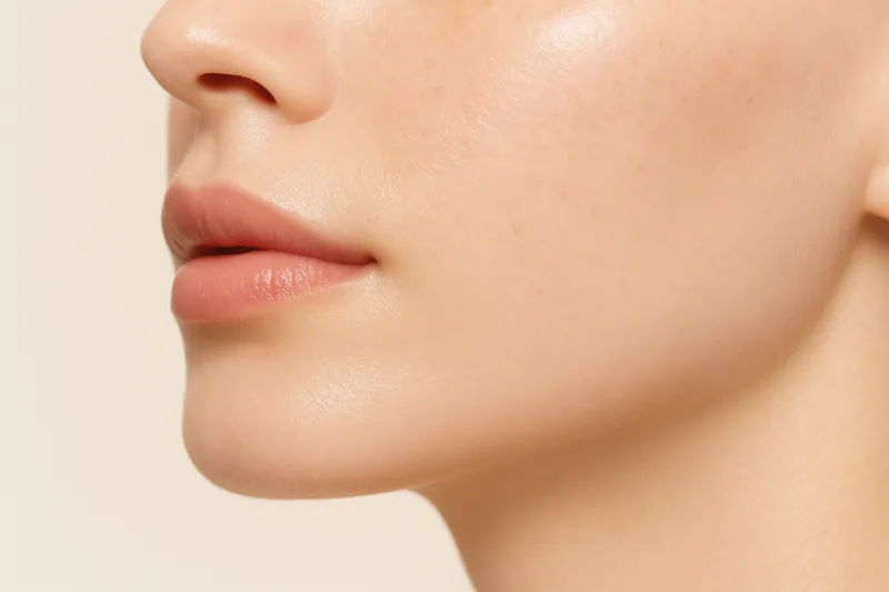 High-key editorial profile of a chin, lower lip and throat against a bright ground, the line from lip to chin to throat as a silhouette