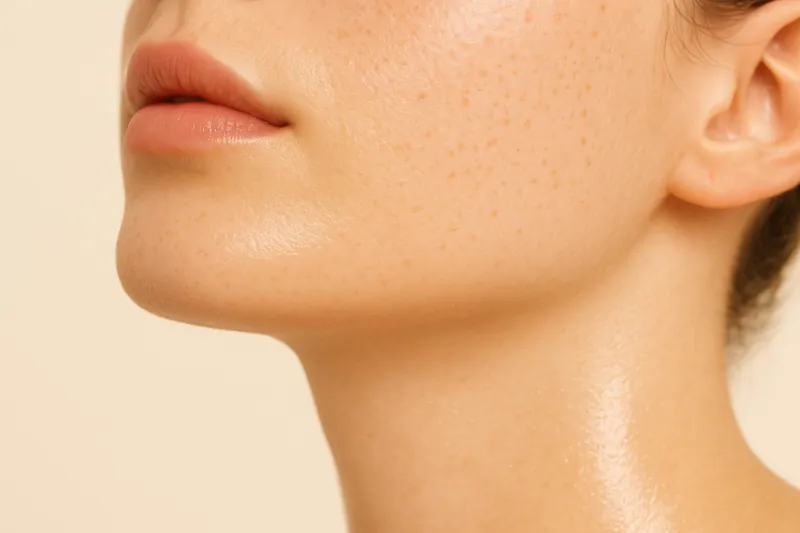 Editorial profile of a chin and jaw against a lit plaster wall, the projection of the chin thrown as a shadow