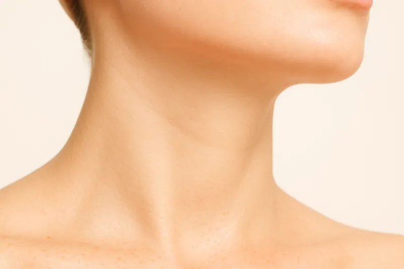Editorial study of a neck and collarbone in raking side light, showing horizontal neck lines and the hollow above the collarbone
