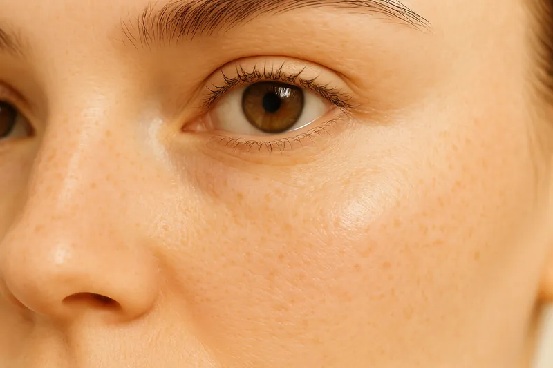 Editorial macro of the under-eye and upper cheek in raking light, showing the tear-trough hollow and thin skin beneath the eye
