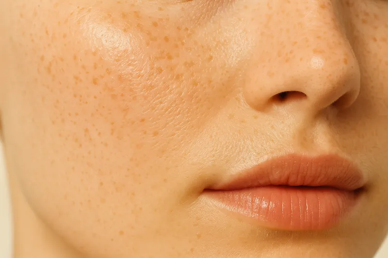 Editorial macro of a cheek in hard raking light, showing surface texture, open pores and shallow irregularity