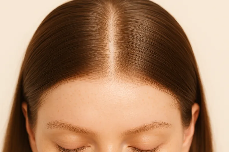 Editorial study of a centre part in dark hair in soft daylight, showing individual hairs and the density along the part line