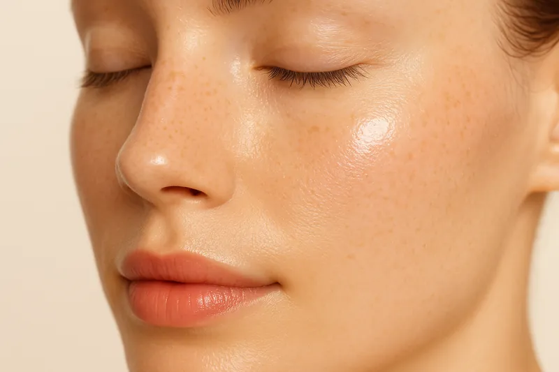 Editorial macro of a temple and outer cheek in warm low light, showing fine skin texture and downy hair
