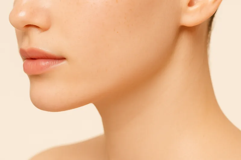 Editorial study of the chin and submental area under soft top light, the contour beneath the jaw described in shadow