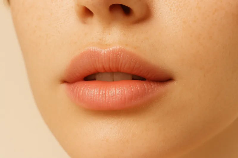 Editorial macro of relaxed unpainted lips, showing the cupid's bow, philtrum and natural lip texture
