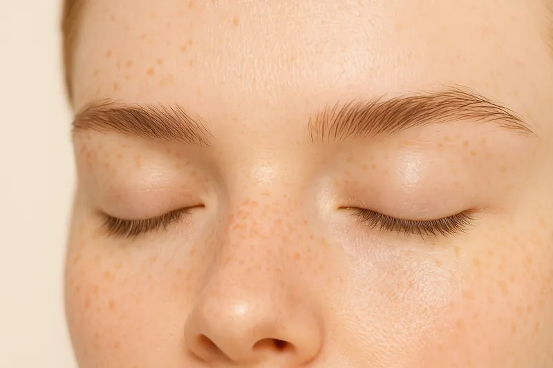 Editorial macro of a forehead and glabella in raking light, showing horizontal forehead lines and vertical lines between the brows